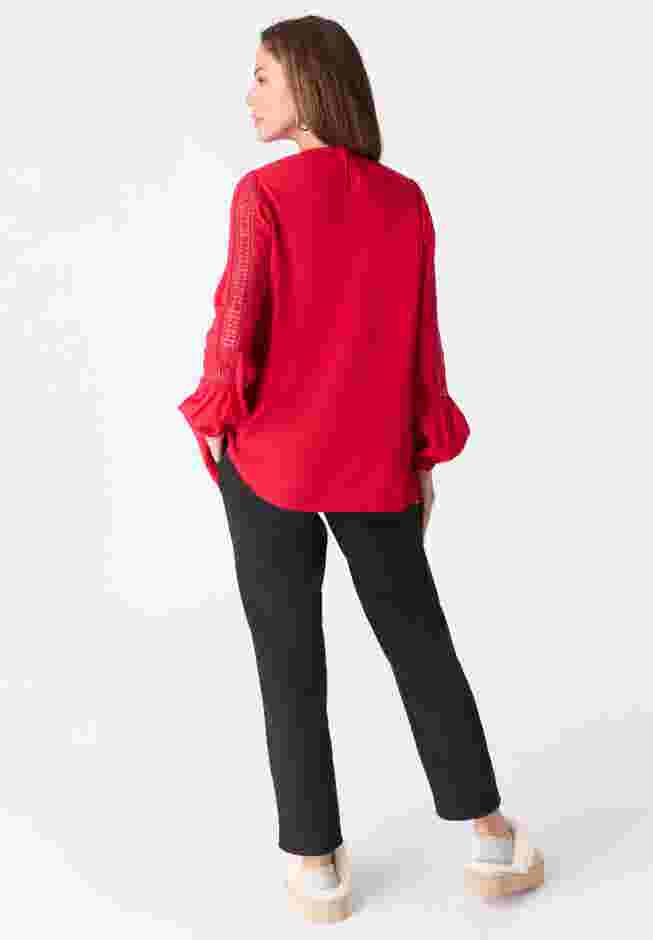 Lace-Trim Blouson-Sleeve Top image number 1