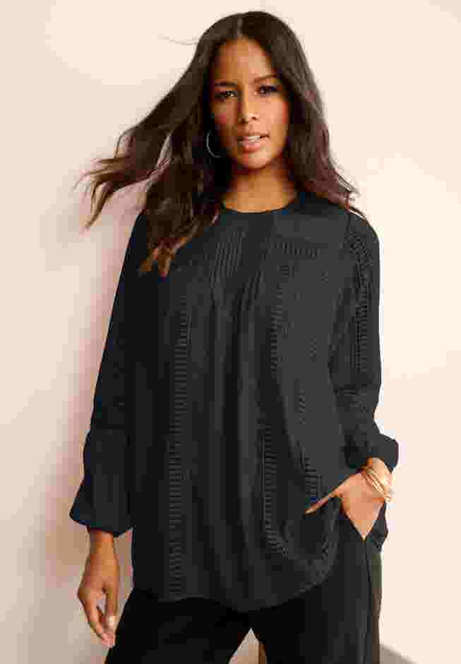 Lace-Trim Blouson-Sleeve Top image number 0
