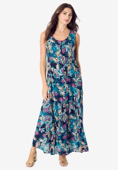 Plus Size Sleveless Hand-Crinkled Button-Front A-Line Maxi &ndash; Curvy Breezy Dress