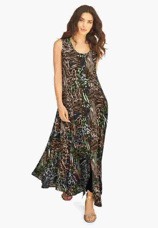 Plus Size Sleveless Hand-Crinkled Button-Front A-Line Maxi – Curvy Breezy Dress image number 0
