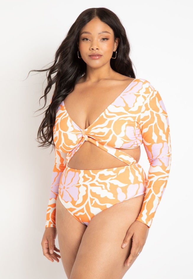 Gabi Fresh Swim x ELOQUII Long Sleeve Knot Front Wrap Swimsuit image number null
