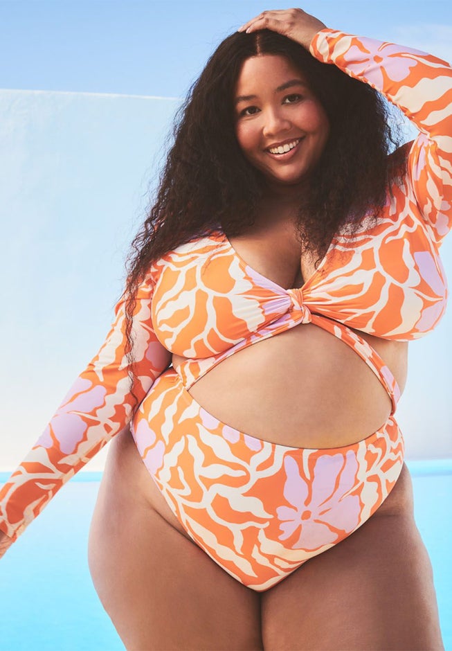 Gabi Fresh Swim x ELOQUII Long Sleeve Knot Front Wrap Swimsuit image number null