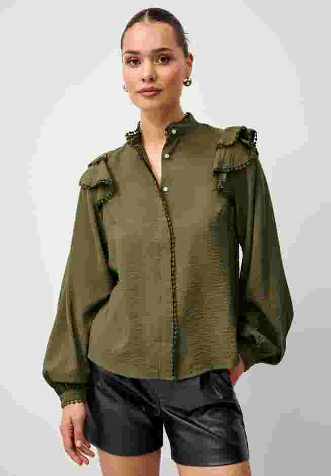 Ruffle Shoulder Blouse with Flat Pom Pom Trim image number 2