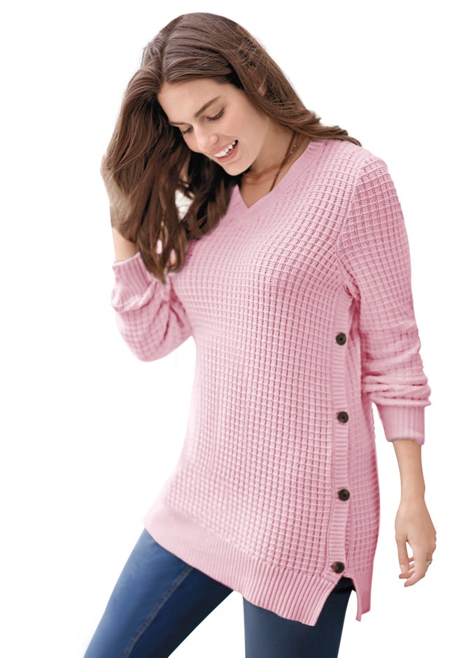 Side Button V-Neck Waffle Knit Sweater image number 1