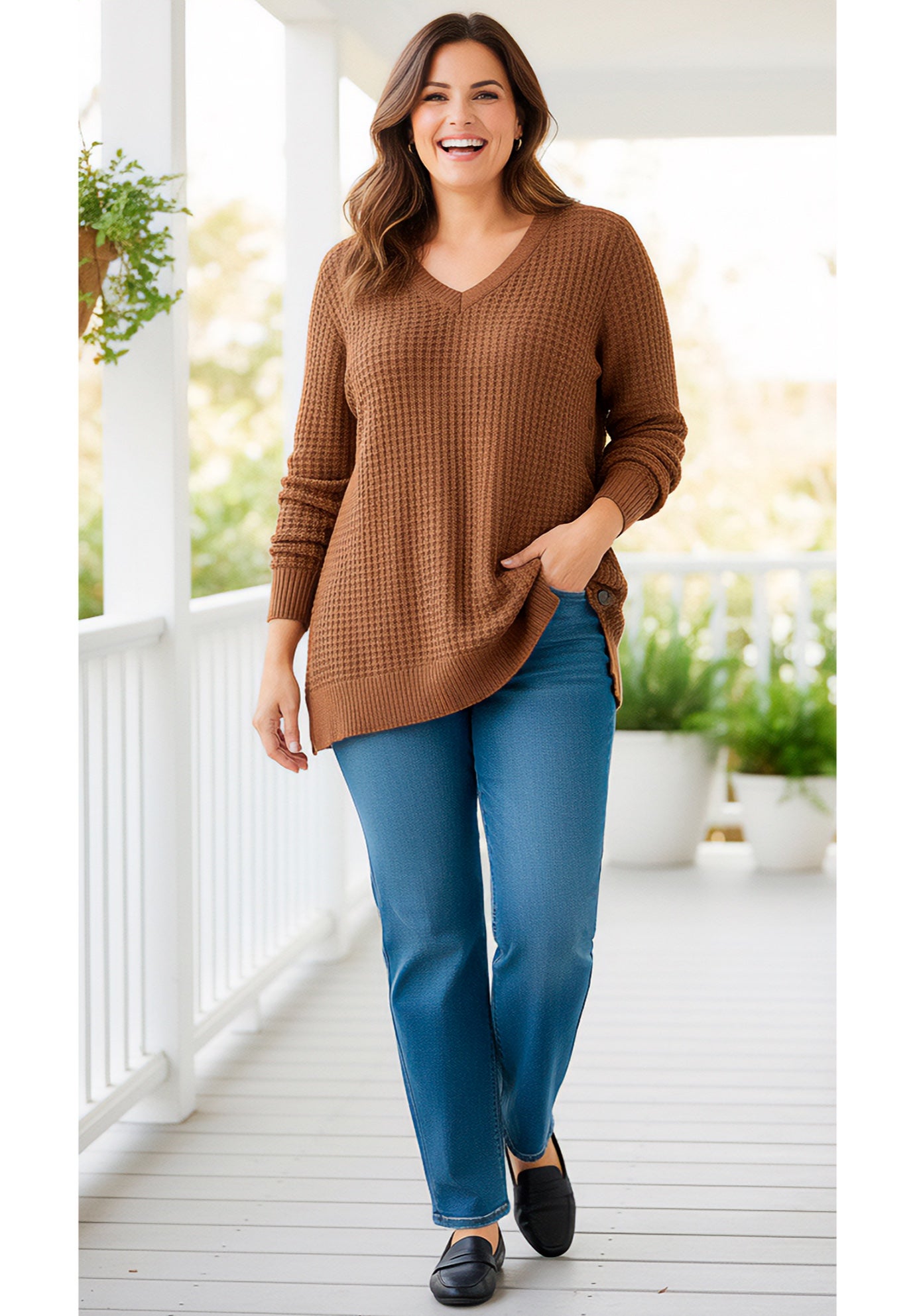 Side Button V-Neck Waffle Knit Sweater image number 0
