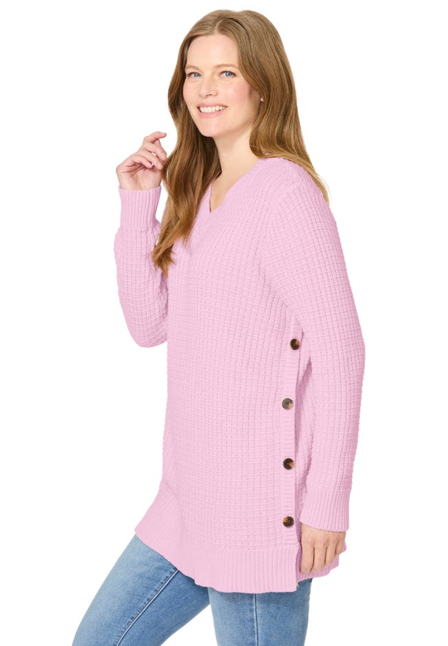 Side Button V-Neck Waffle Knit Sweater image number 4