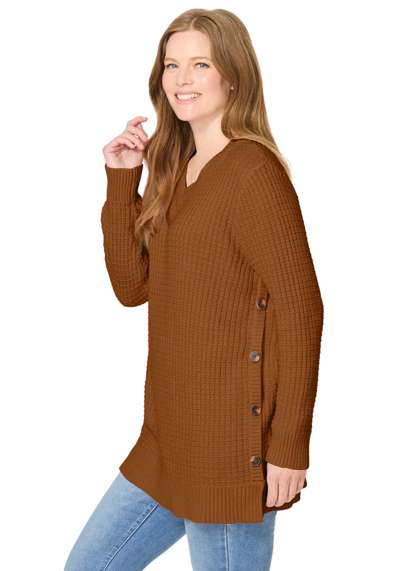 Side Button V-Neck Waffle Knit Sweater image number 2