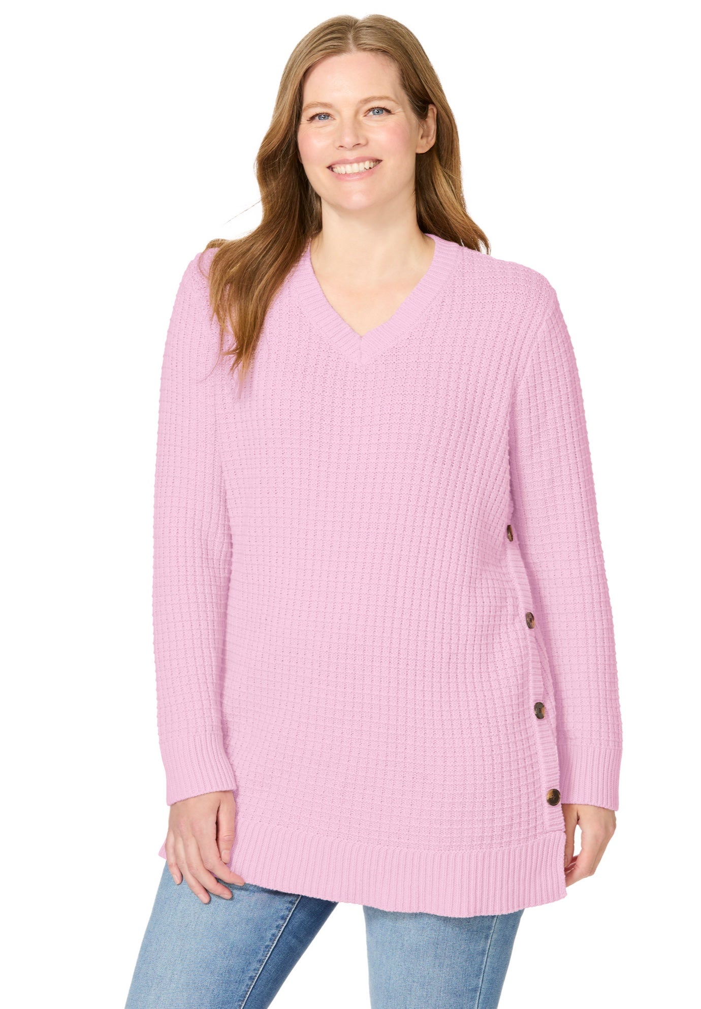 Side Button V-Neck Waffle Knit Sweater image number 2