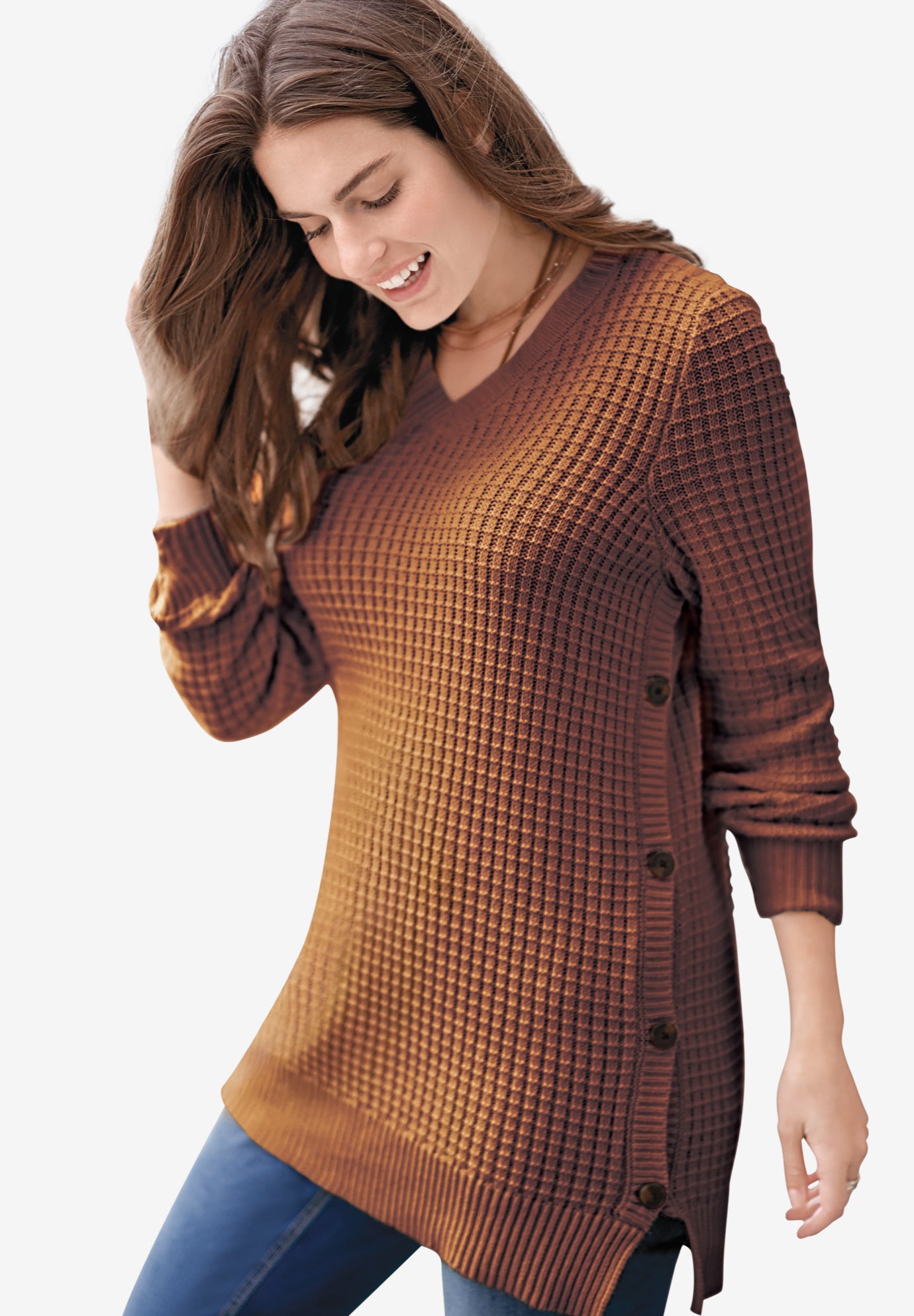 Side Button V-Neck Waffle Knit Sweater image number 0