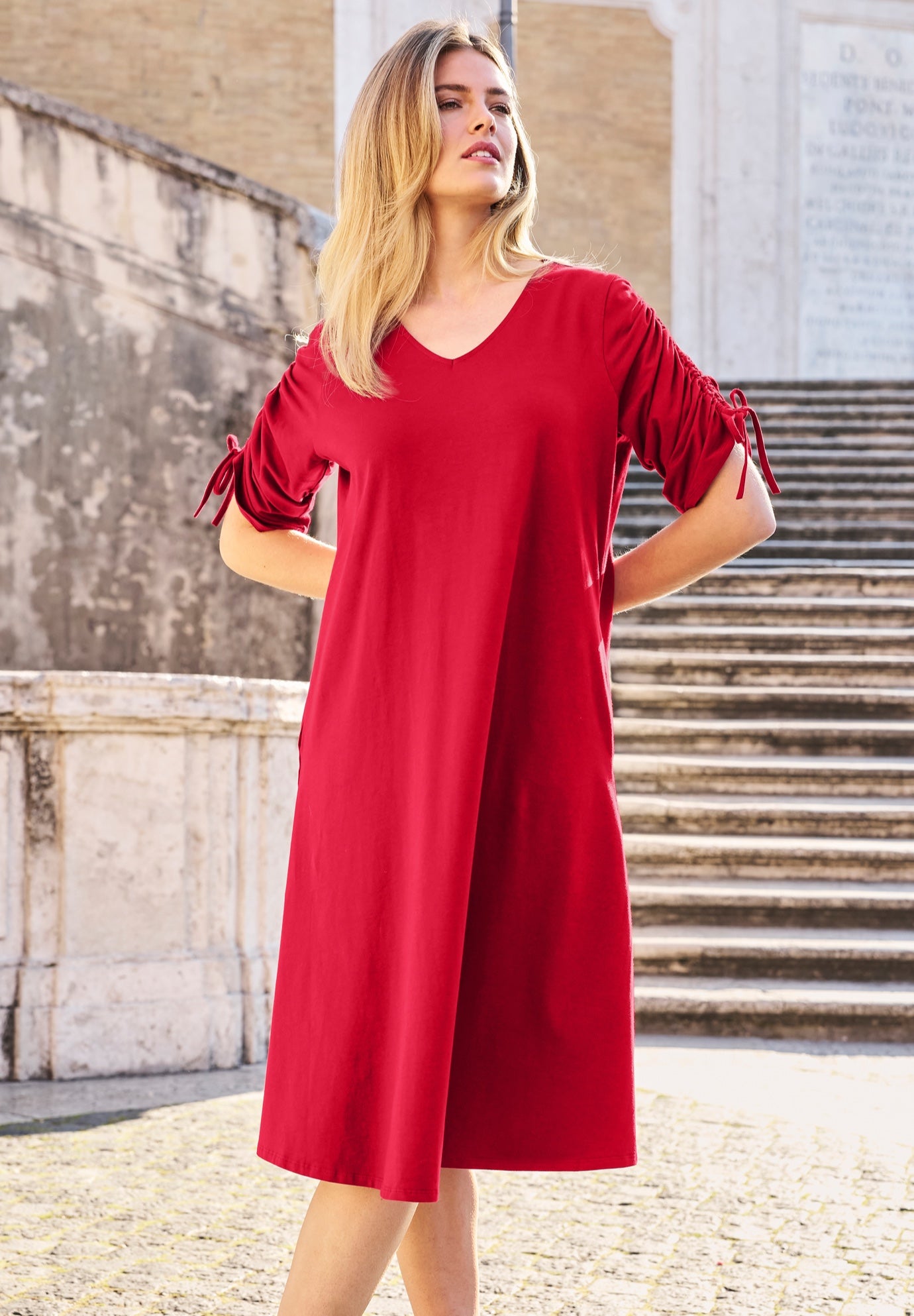 Stretch Cotton Tie Sleeve Midi Dress image number 0