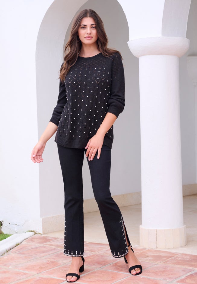 Rhinestone Pointelle Knit Sweater image number 1