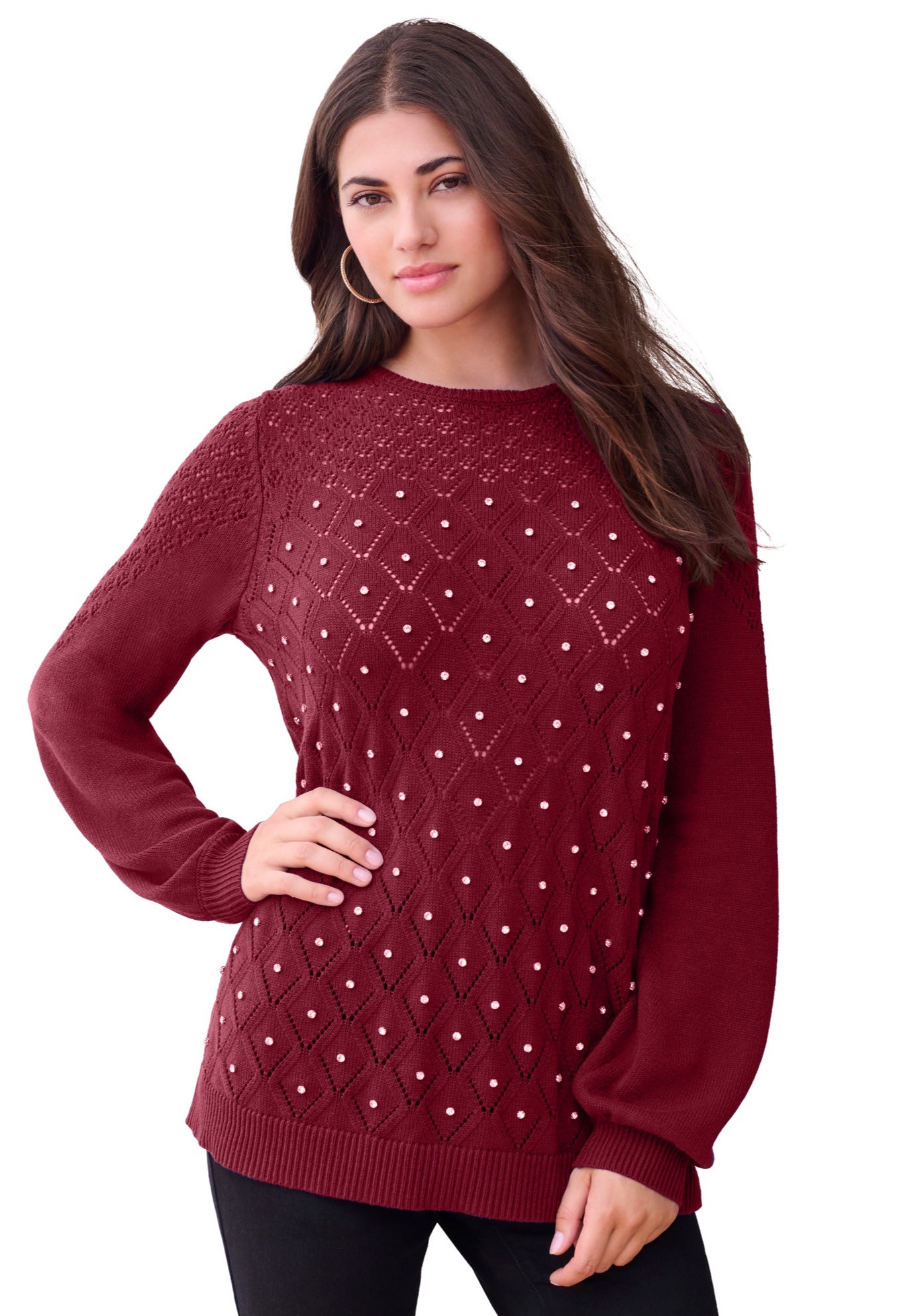 Rhinestone Pointelle Knit Sweater image number 1