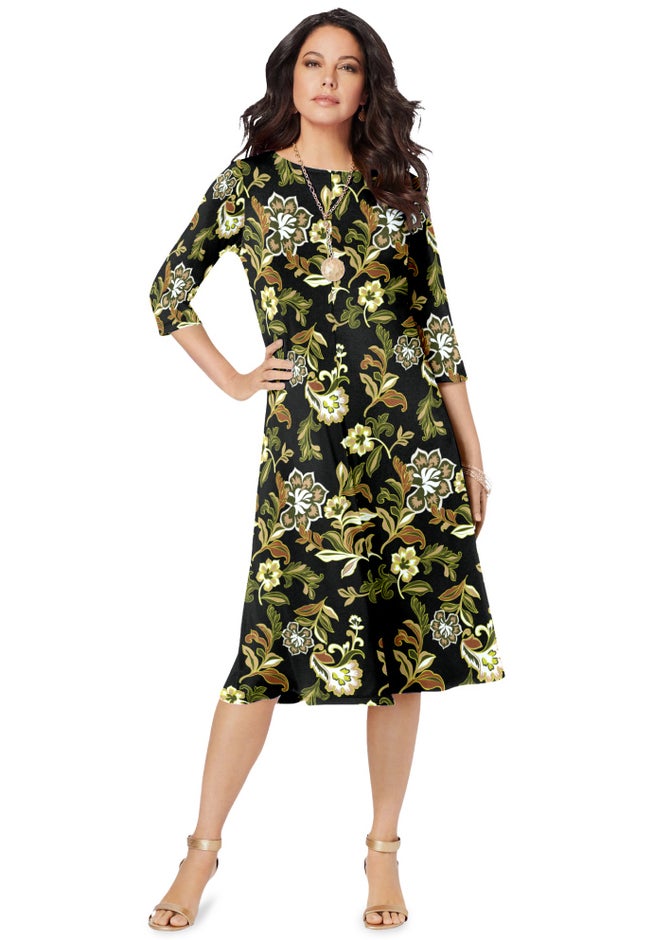 Plus Size 3/4 Sleeve Boatneck Swing Dress image number 1