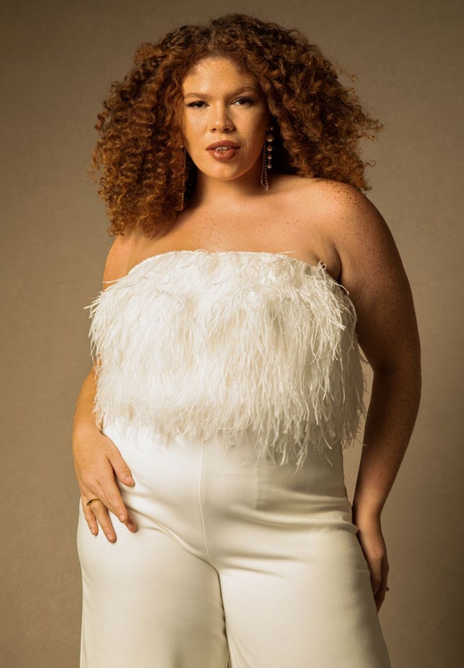 Bridal by ELOQUII Feather Bodice Jumpsuit image number 1