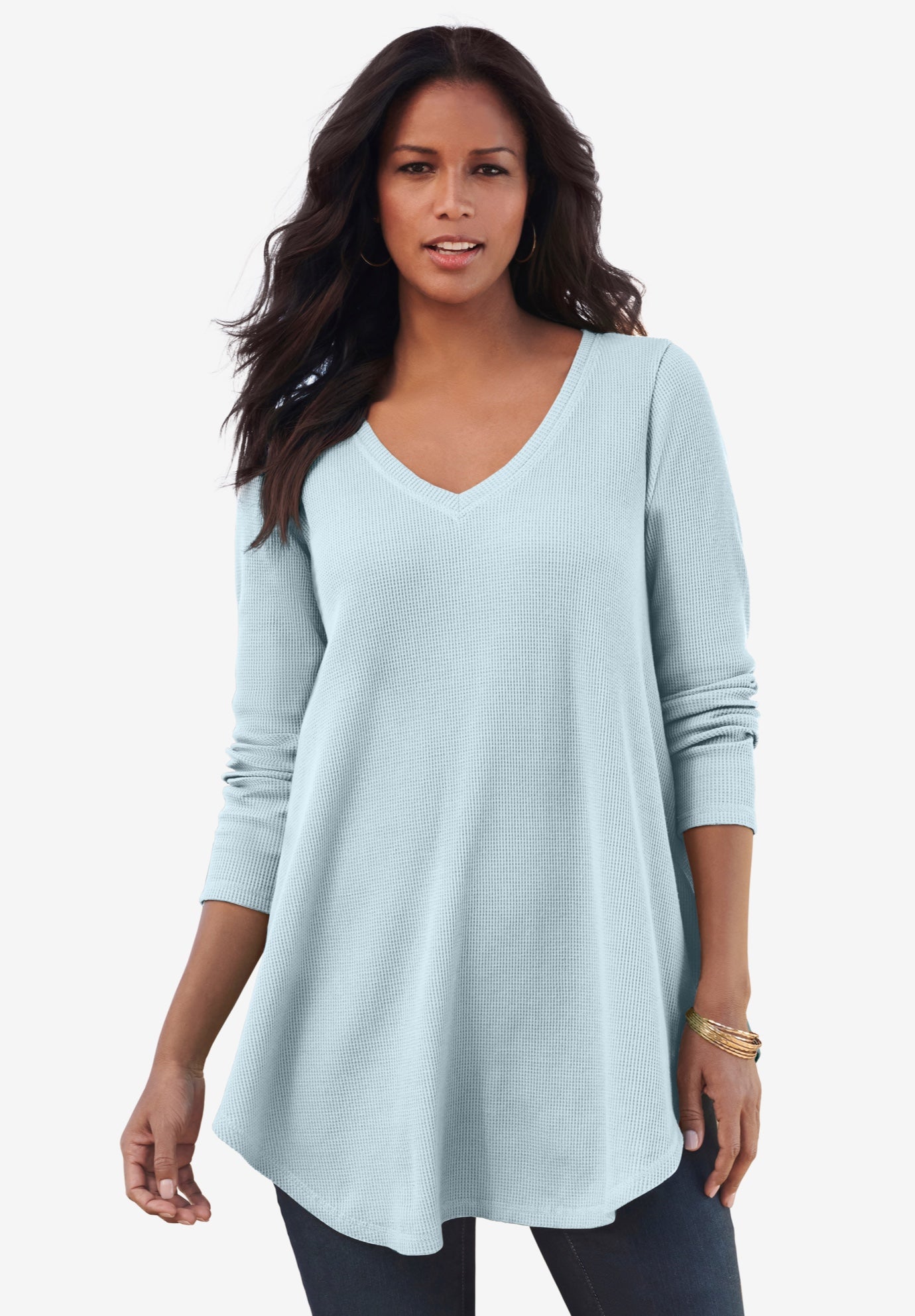 Plus Size Knit Thermal V Neck Swing Tunic – Long Sleeve image number 0
