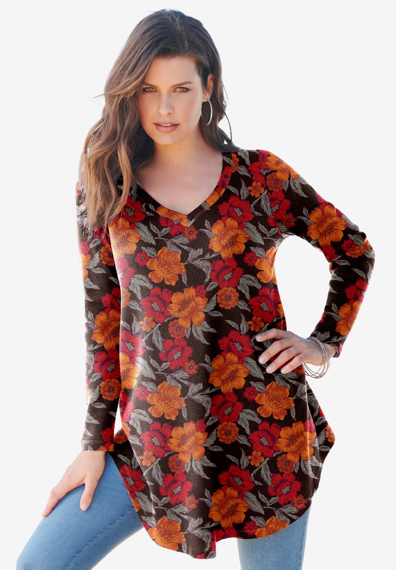 Plus Size Knit Thermal V Neck Swing Tunic &ndash; Long Sleeve image number 0