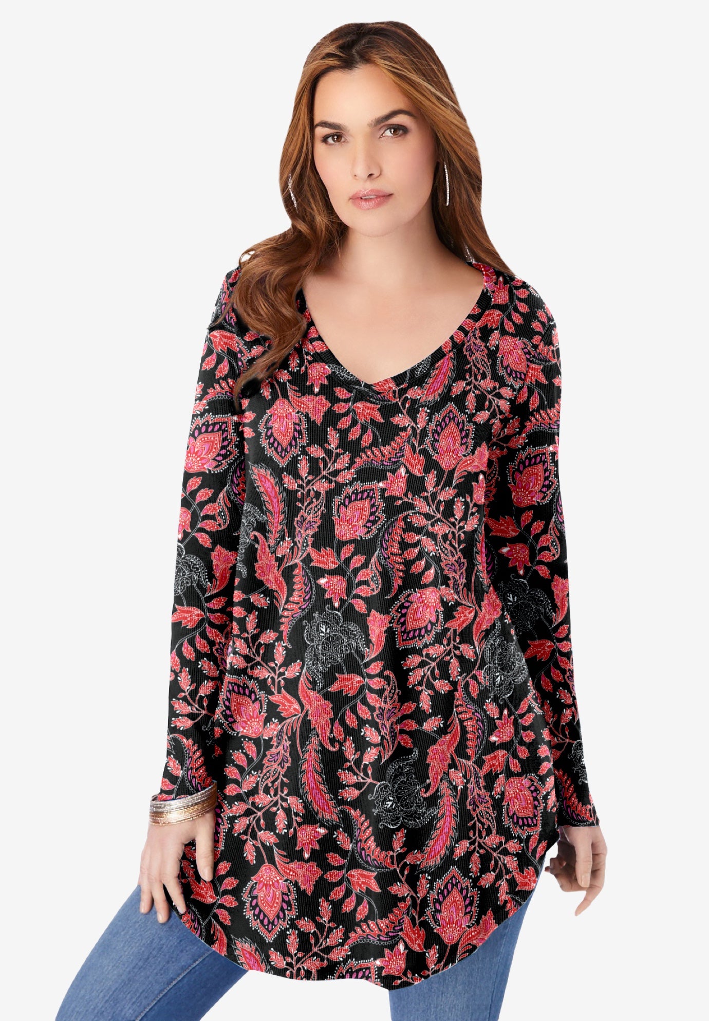 Plus Size Knit Thermal V Neck Swing Tunic &ndash; Long Sleeve image number 0