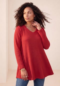 Plus Size Knit Thermal V Neck Swing Tunic &ndash; Long Sleeve