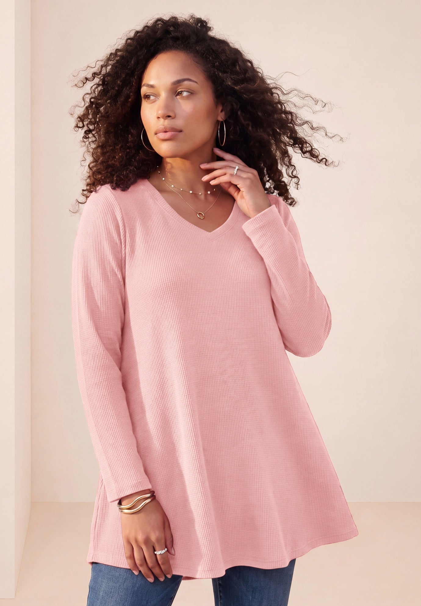 Plus Size Knit Thermal V Neck Swing Tunic &ndash; Long Sleeve image number 0