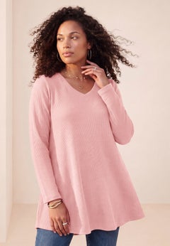 Plus Size Knit Thermal V Neck Swing Tunic &ndash; Long Sleeve