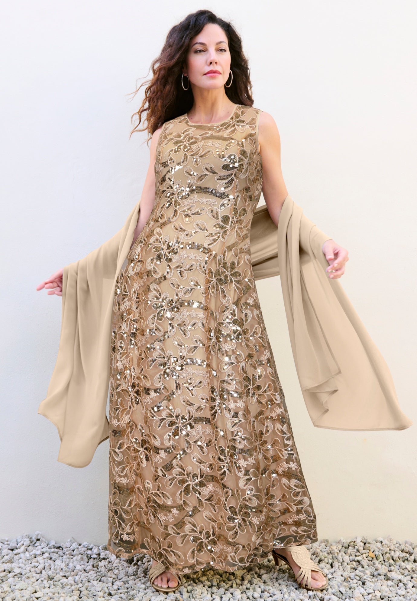 Plus-Size Allover Lace Embellished Shawl Gown image number 0