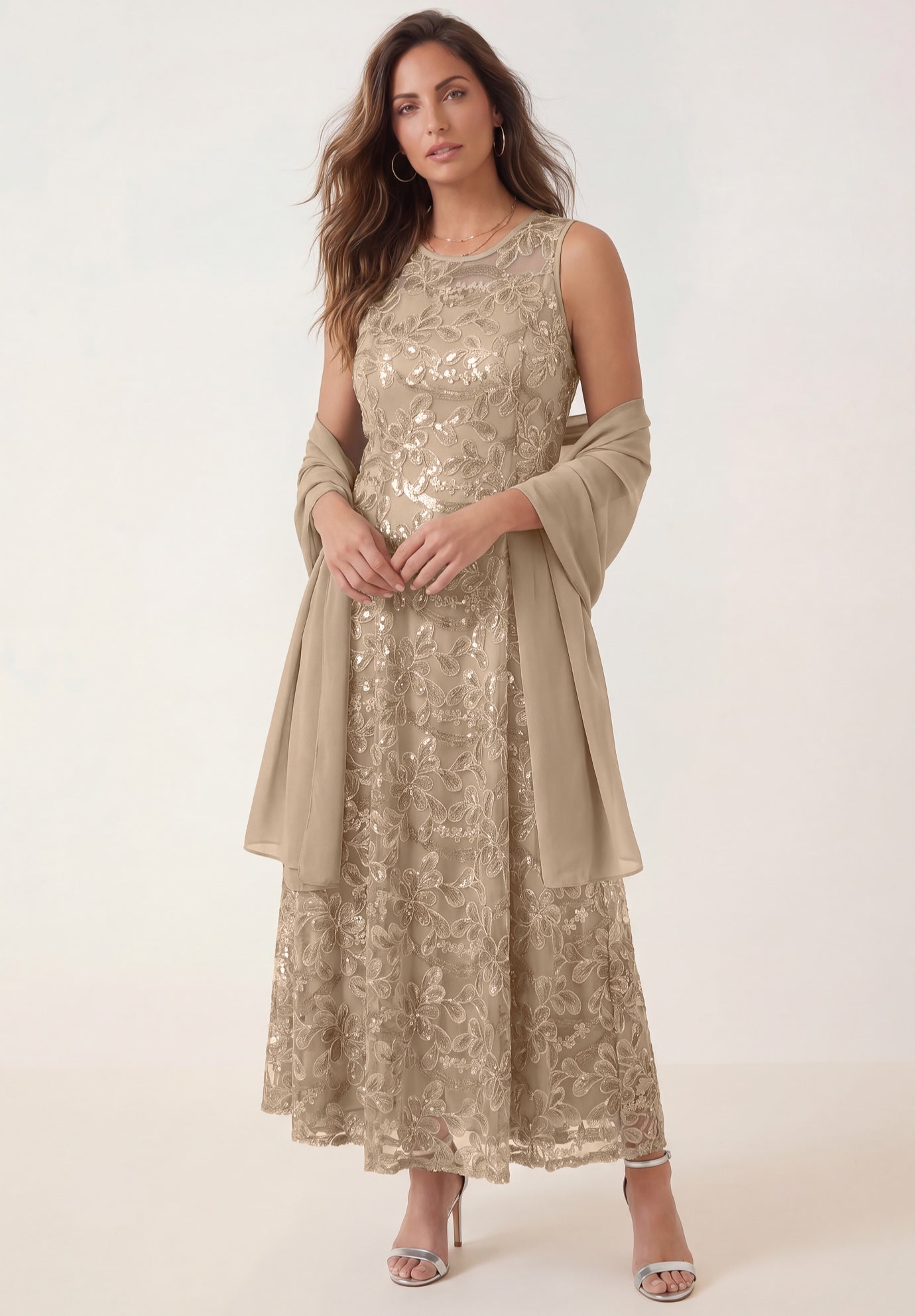 Plus-Size Allover Lace Embellished Shawl Gown image number 0