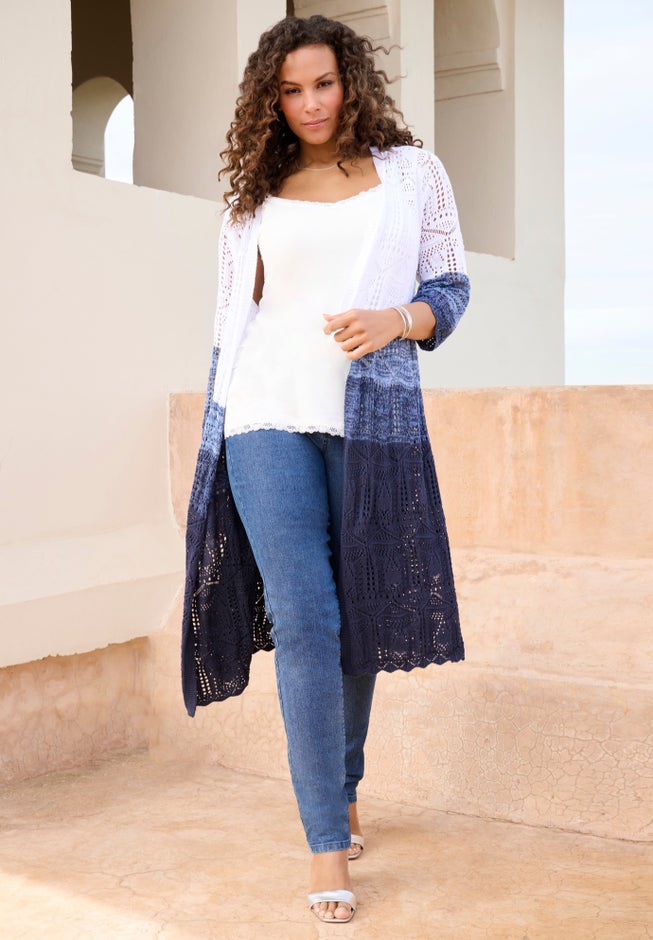 Knee-length Pointelle Cardigan image number 0