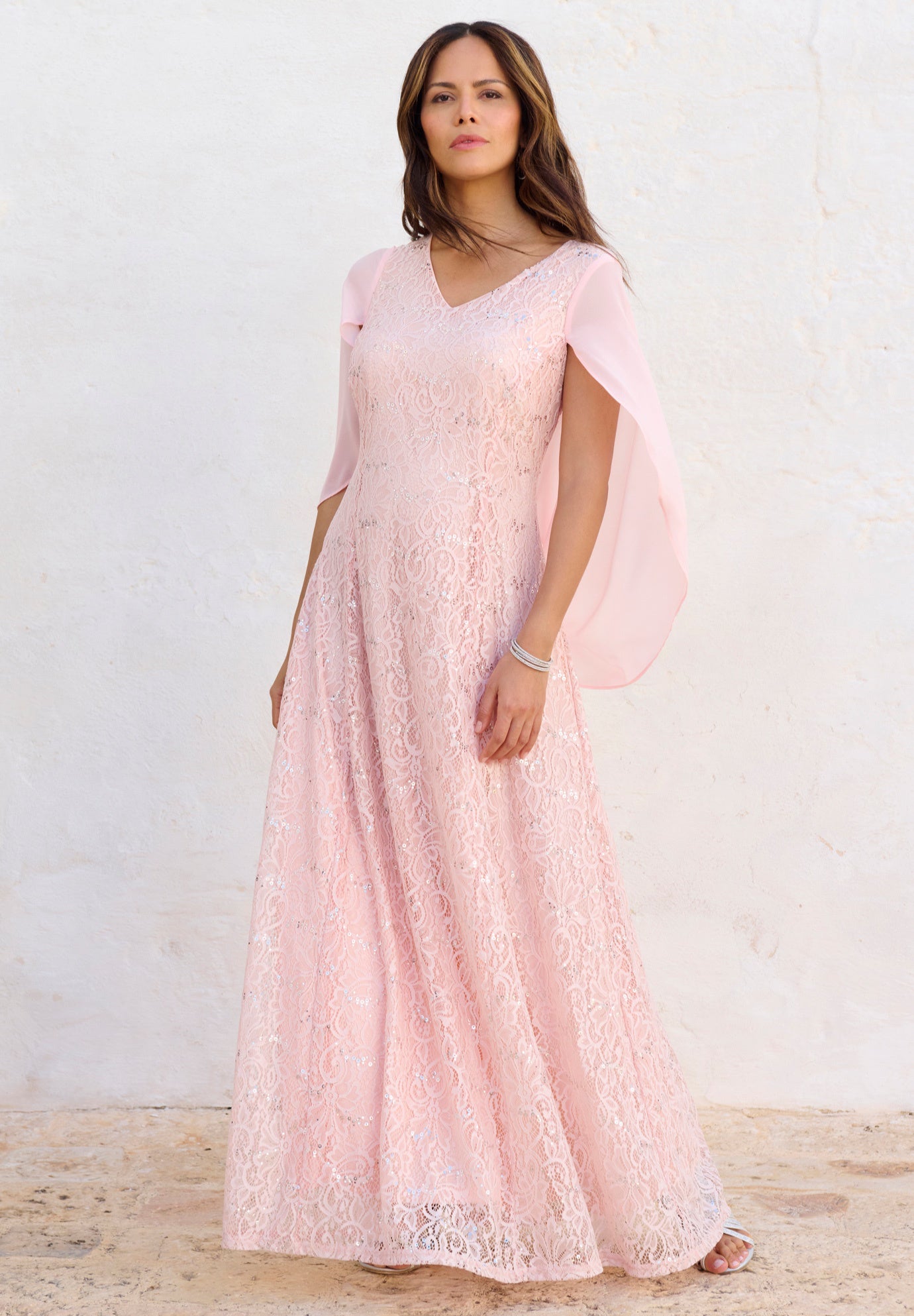 Plus-Size Allover Lace Gown with Capelet image number 3