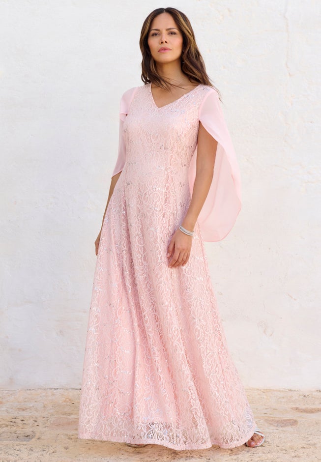 Plus-Size Allover Lace Gown with Capelet image number 3