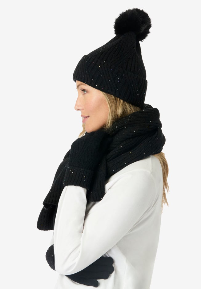3-Pc Sequin Knitted Hat, Scarf And Gloves Set image number 1