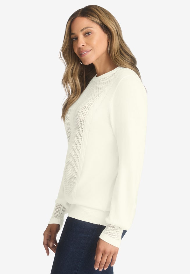 Cashmere Pointelle Cable Crew image number 2