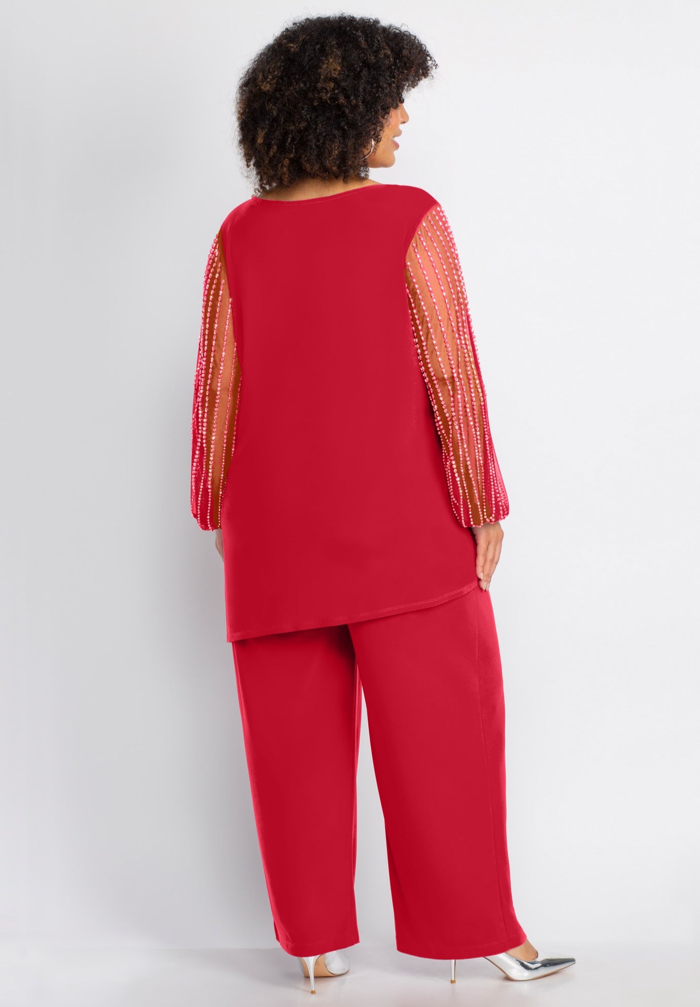 2-Piece Beaded Mesh Sleeve Pant Suit image number 1