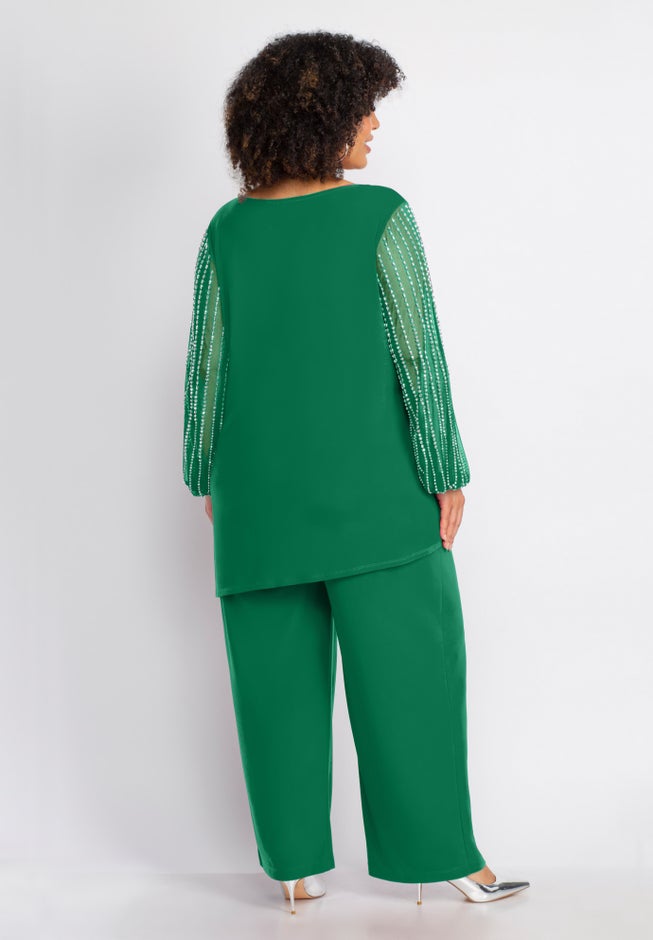 2-Piece Beaded Mesh Sleeve Pant Set image number 1