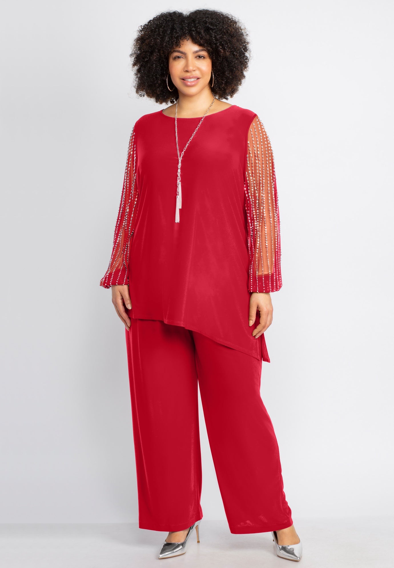 2-Piece Beaded Mesh Sleeve Pant Suit image number 0