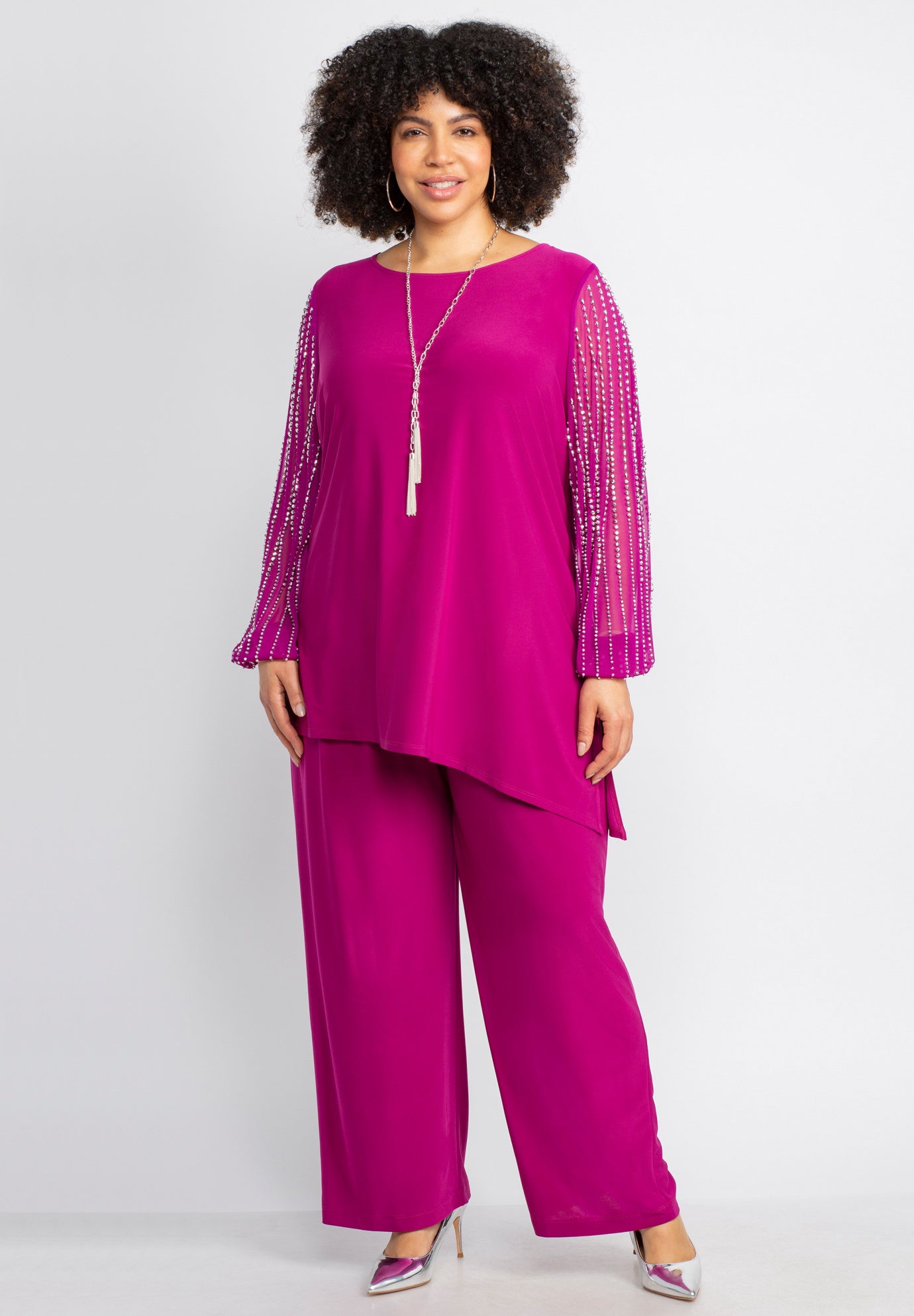 2-Piece Beaded Mesh Sleeve Pant Set image number 0