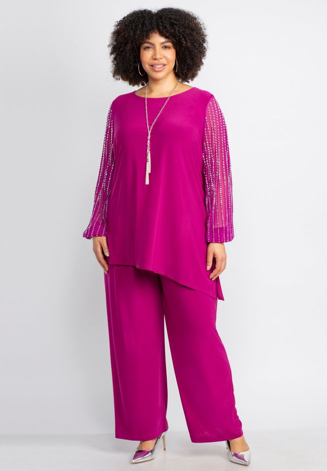 2-Piece Beaded Mesh Sleeve Pant Set image number 0