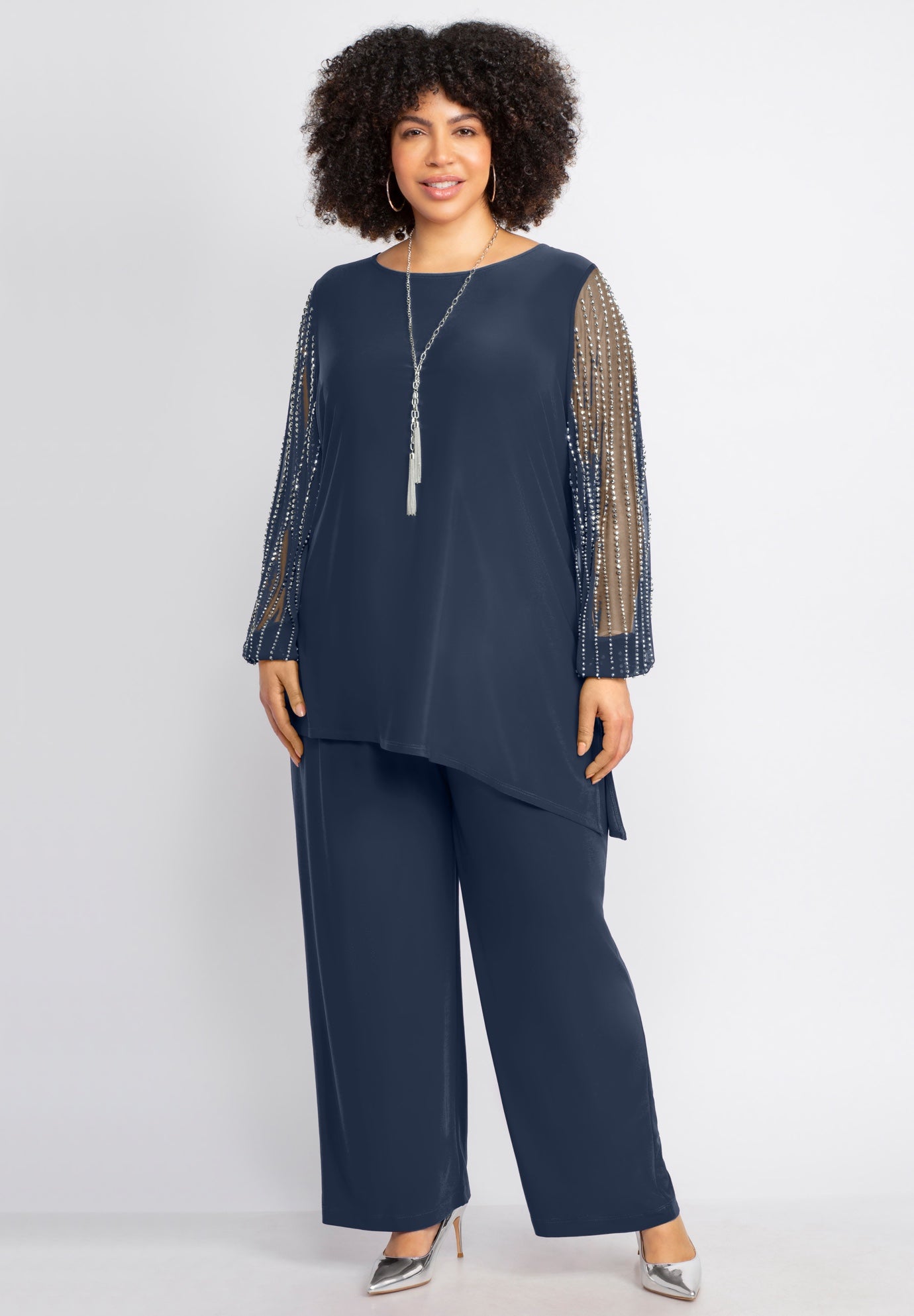 2-Piece Beaded Mesh Sleeve Pant Suit image number 0