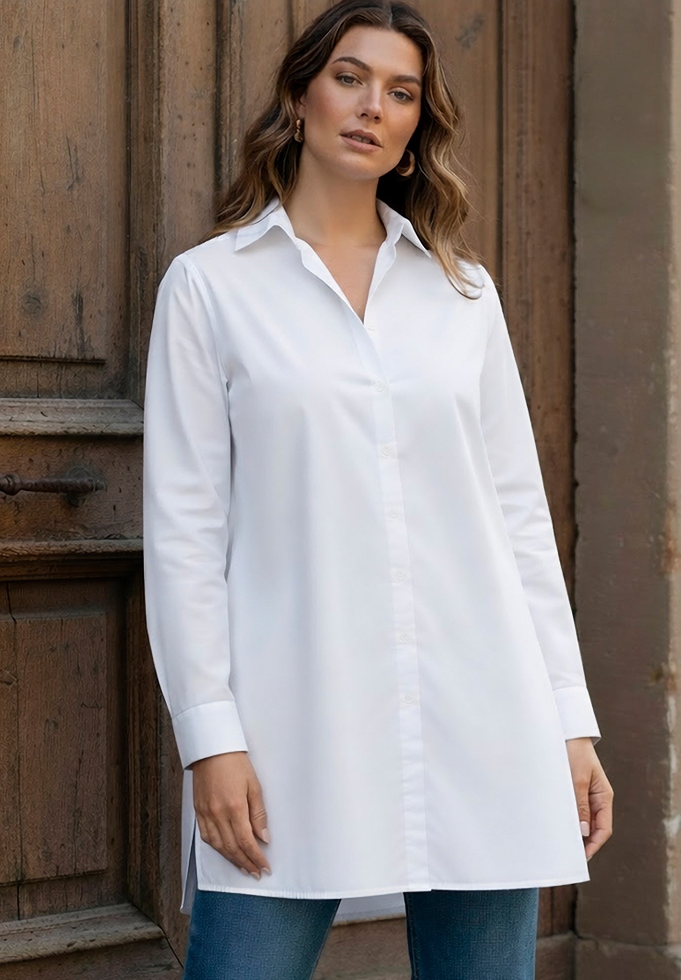 Kate Long-Sleeve Crisp Cotton-Blend Button-Front Tunic image number 3