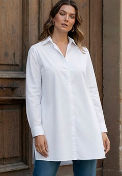 Kate Long-Sleeve Crisp Cotton-Blend Button-Front Tunic
