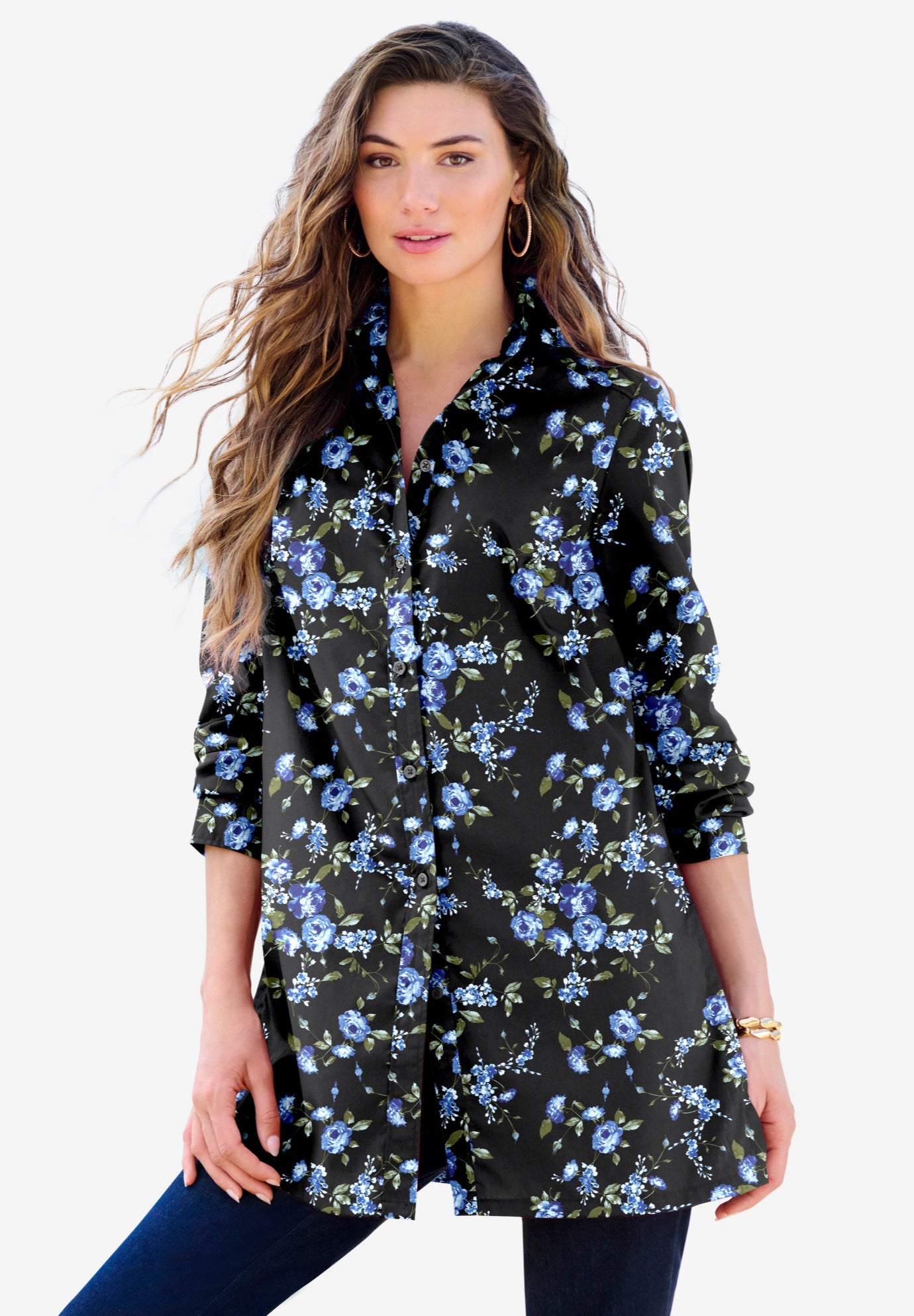 Plus Size Kate Long Sleeve Tunic Easy Cotton-Blend Button-Front Shirt image number 5