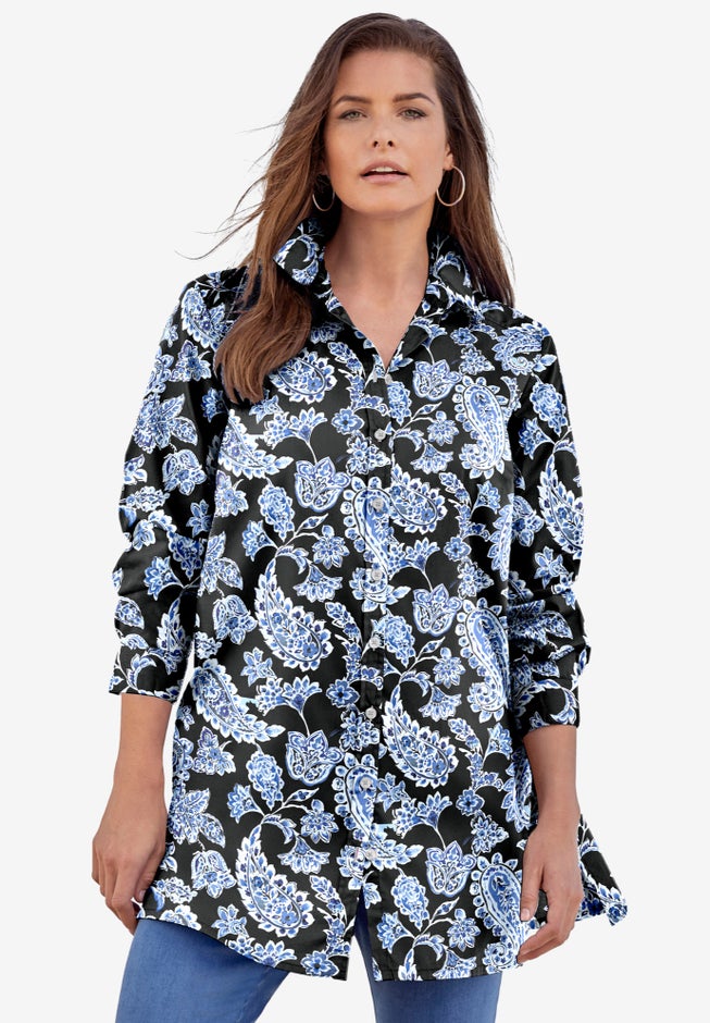 Kate Long-Sleeve Crisp Cotton-Blend Button-Front Tunic image number 1