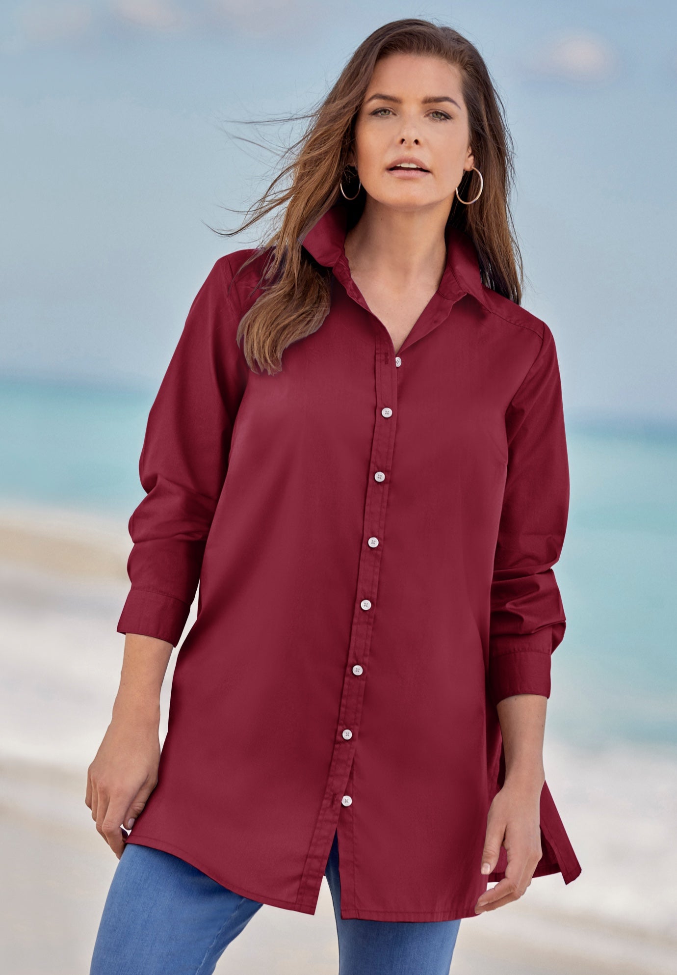 Kate Long-Sleeve Crisp Cotton-Blend Button-Front Tunic image number 0