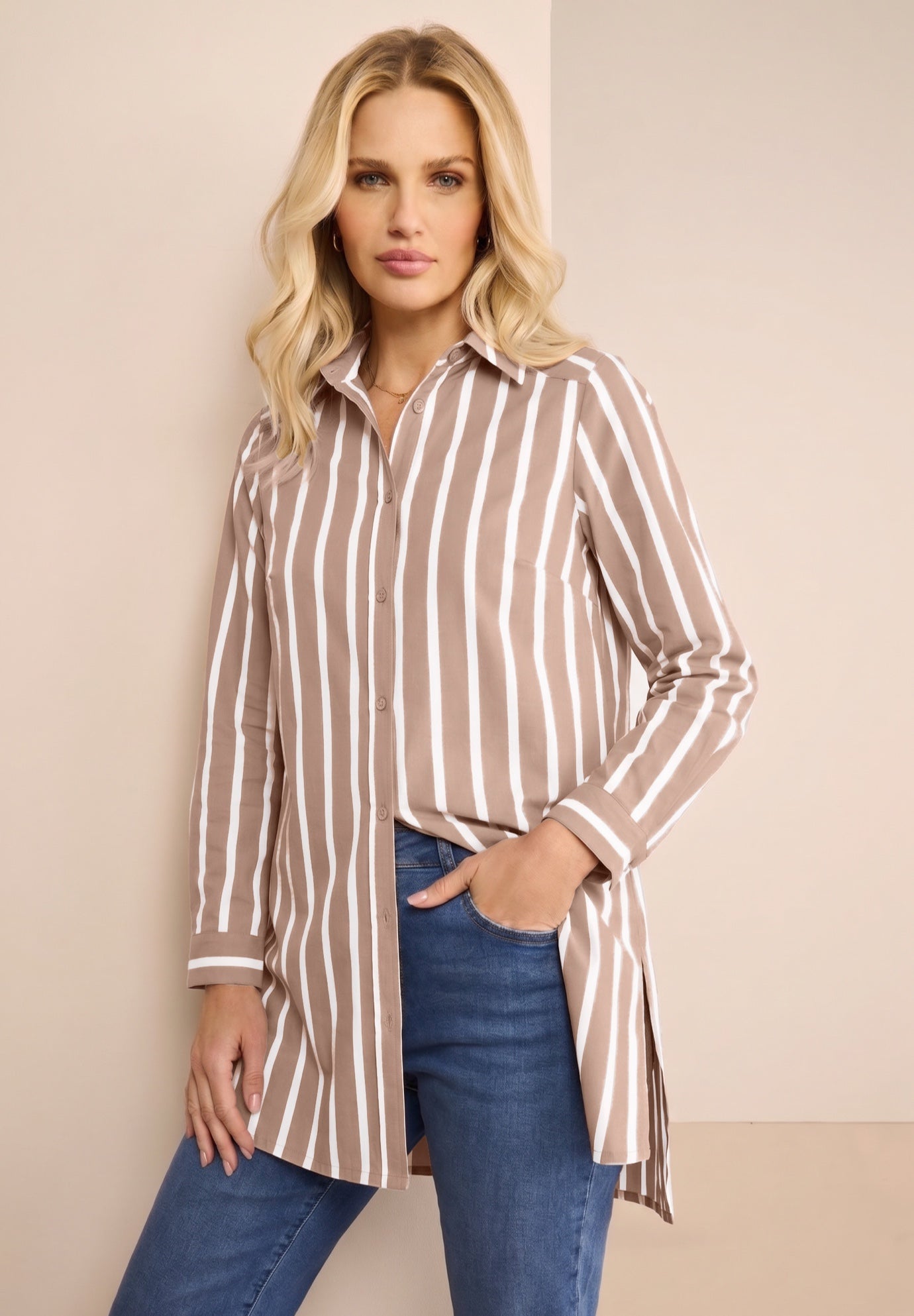 Kate Long-Sleeve Crisp Cotton-Blend Button-Front Tunic image number 0