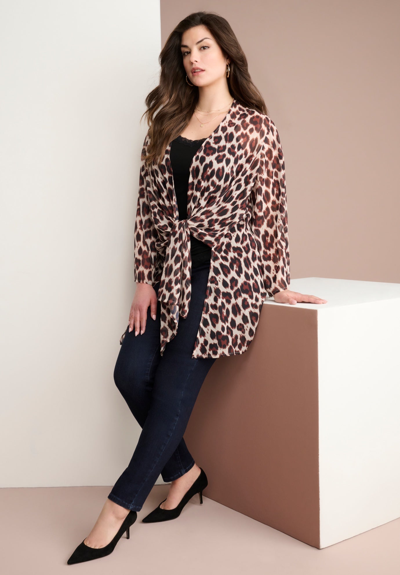 Plus Size Front-Knot Tie Kimono image number 0