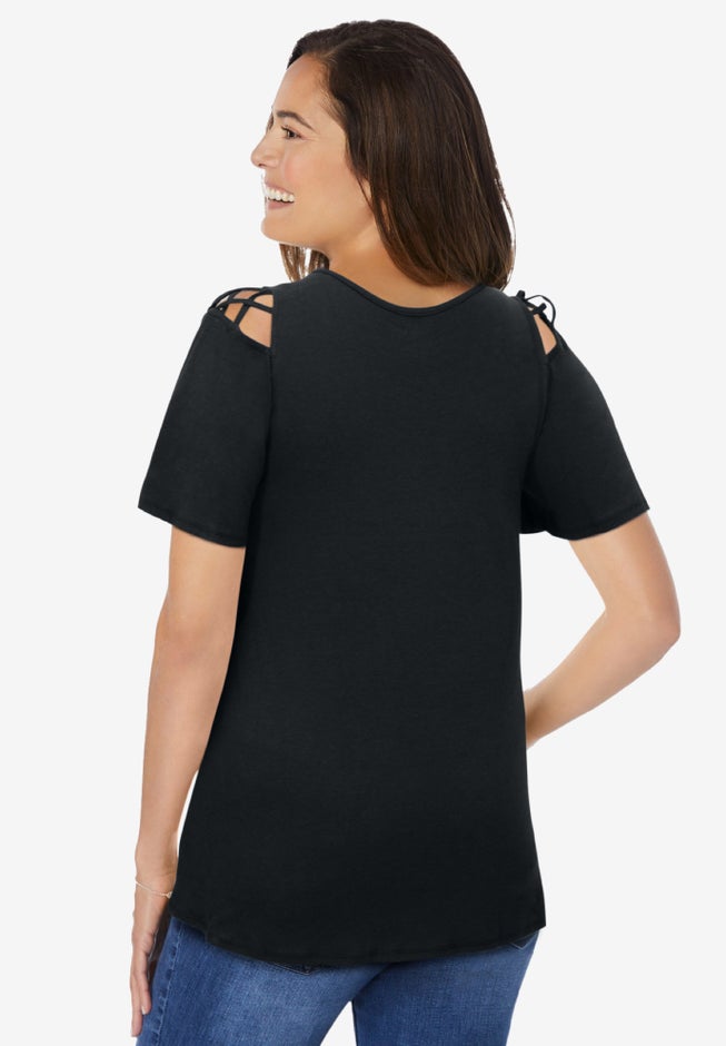 Lattice-Detail Cold-Shoulder Tee image number 1