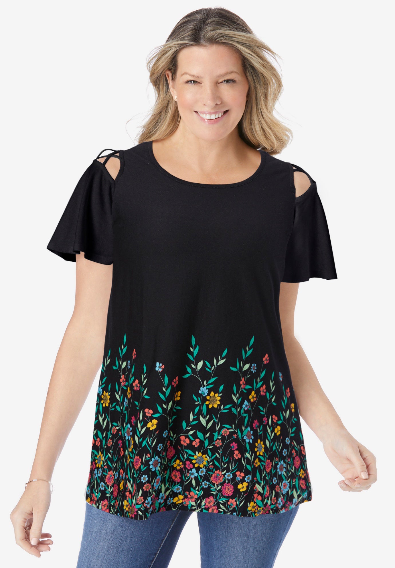 Lattice-Detail Cold-Shoulder Tee image number 0