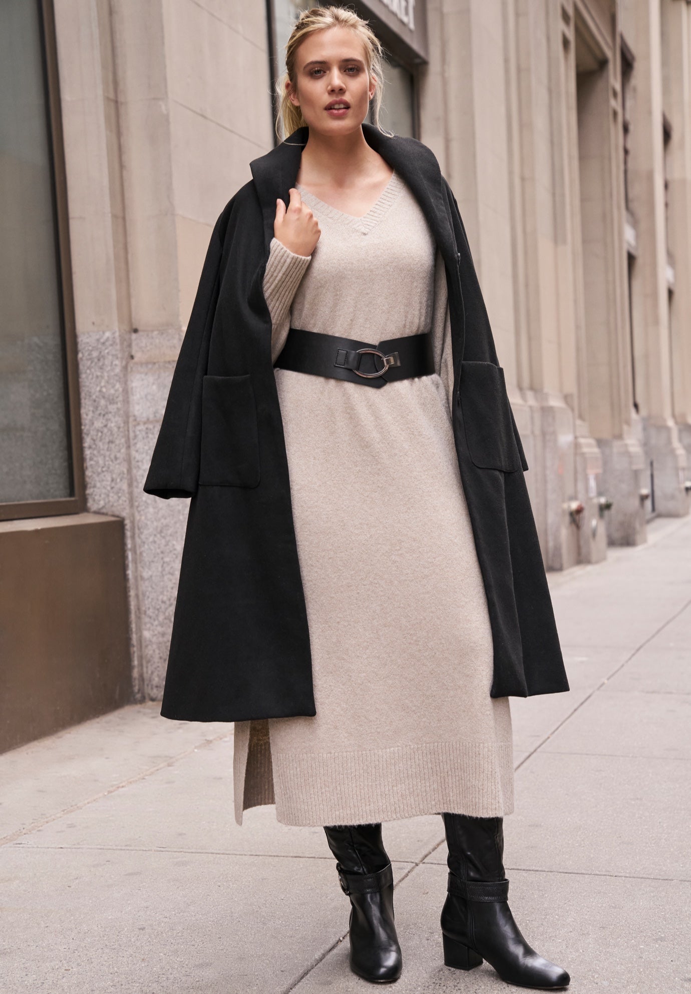 V-Neck Midi Sweater Dress With Side Slits image number 2