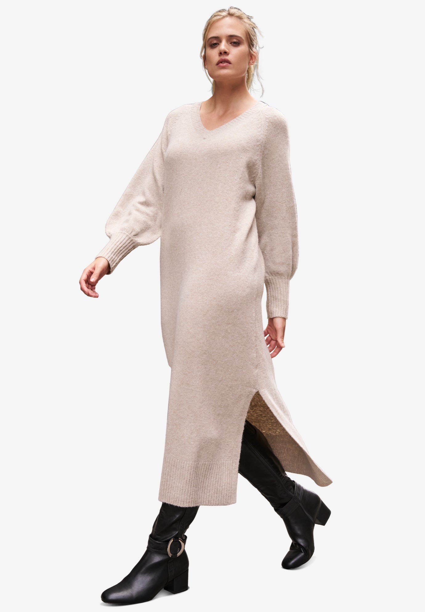 V-Neck Midi Sweater Dress With Side Slits image number 0