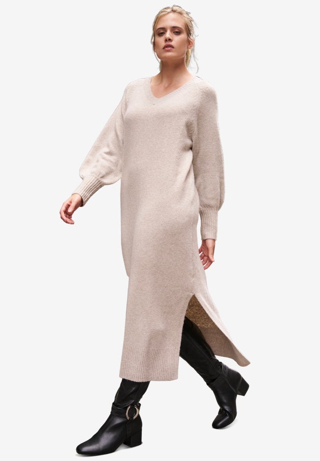 V-Neck Midi Sweater Dress With Side Slits image number 0