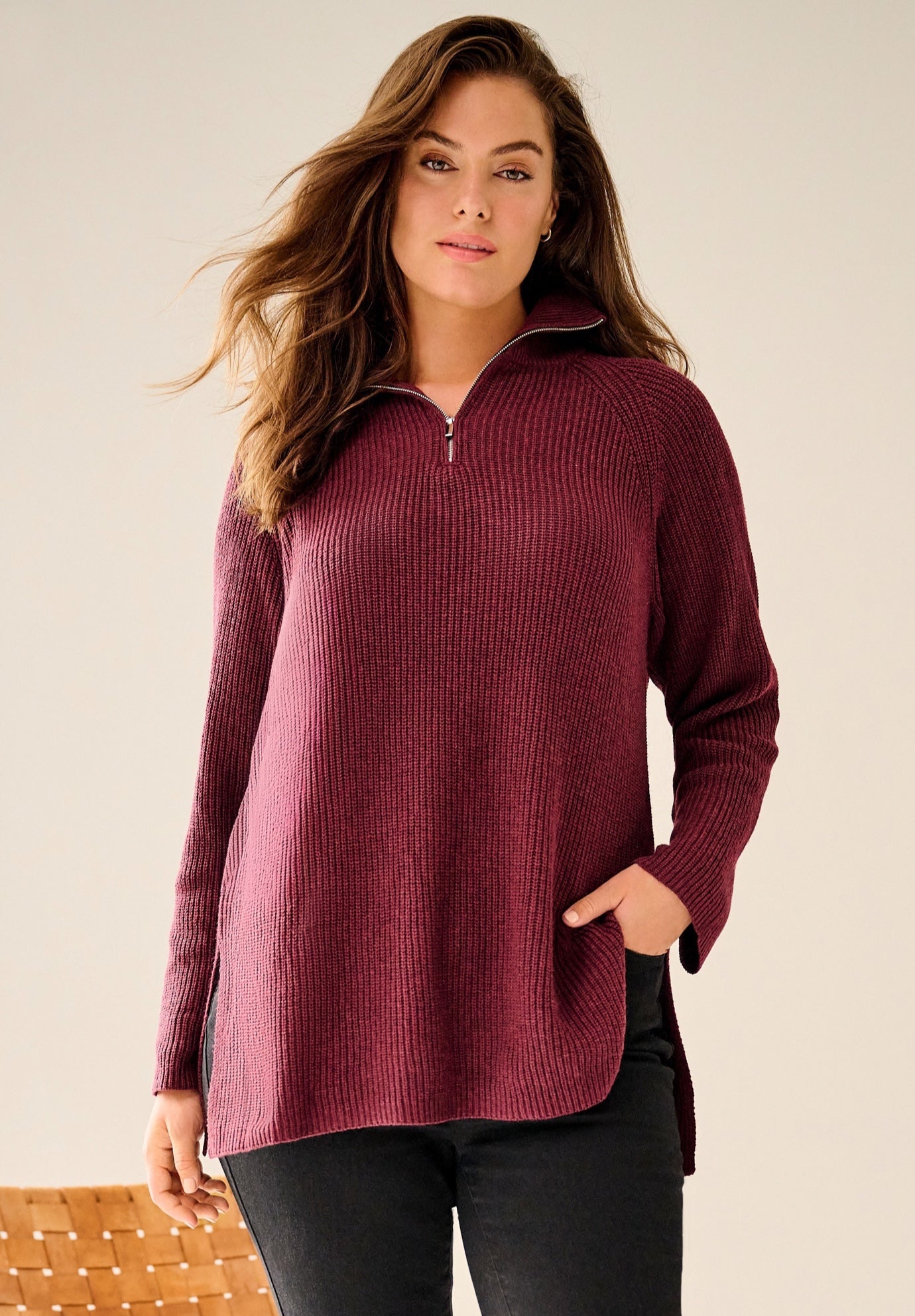 &frac14; Zip Sweater Tunic With Side Slits image number 0